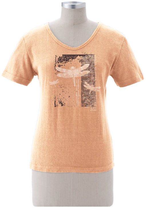 Earth Creations Short Sleeve Women's Scoop Neck Top “Dragonfly Diary”, Sunstone