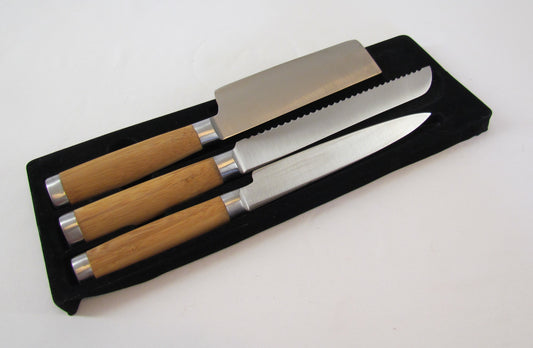 3 Pc Stainless Steel Knife Set, Bamboo Handles, Chef, Bread, Slicer