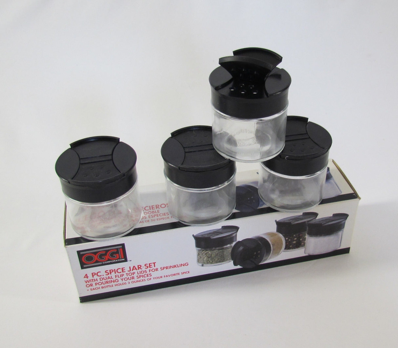 OGGI 4 Pc. Spice Jar Set, Glass w/Dual Flip Top Lids, 3 oz each