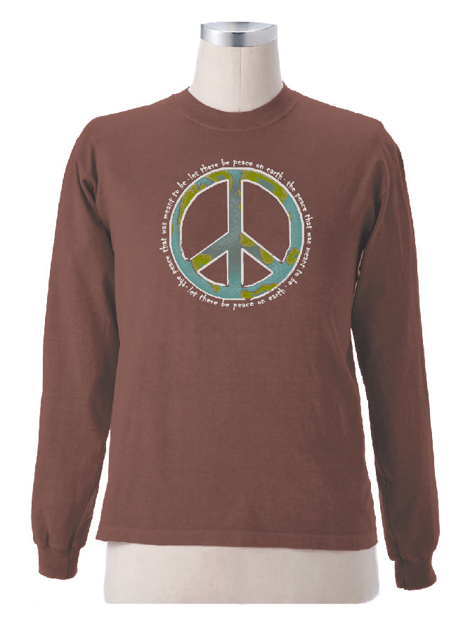 Earth Creations Long Sleeve T-Shirt "Peace World", Port, Medium