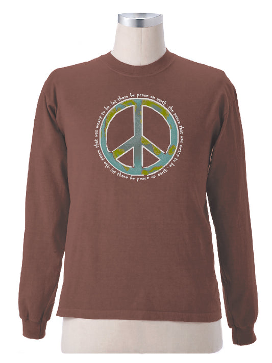 Earth Creations Long Sleeve T-Shirt "Peace World", Port, Medium
