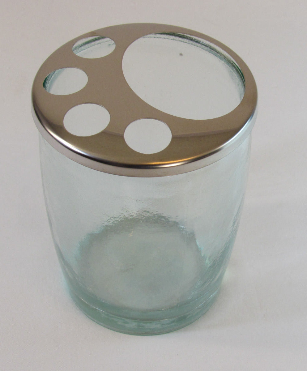 Recylced Glass Round Tooth Brush Holder w/Stainless Steel Lid