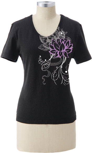 Earth Creations Short Sleeve Women's Scoop Neck Top “Lotus Flower”, Black